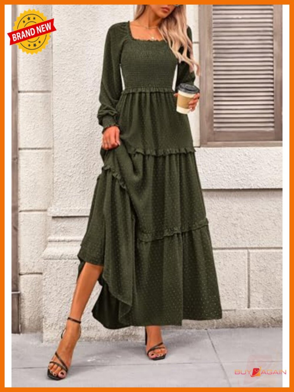 Smocked Long Sleeve Maxi Dress with Pockets Swiss Dot Ruffle - Picture 5 of 6